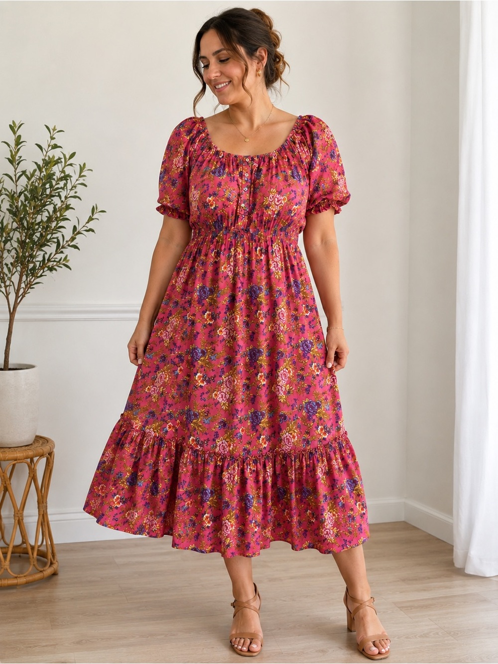 Cottagecore Floral Midi Dress Pink Puff Sleeve Milkmaid Size L